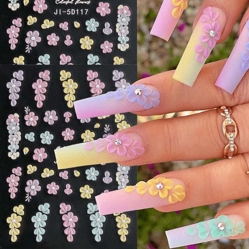 

5d Embossed Floral Nail Art Stickers - Colorful Butterfly & Rose Designs, Matte Finish, Self-adhesive Decals For Easy Manicure