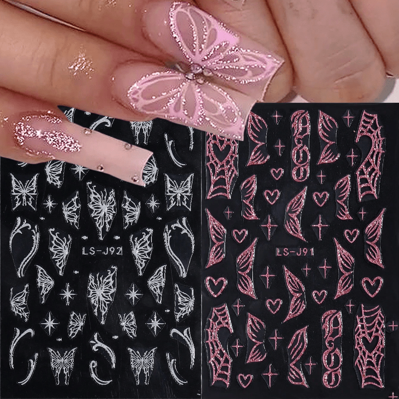 Set Of 2 Glittery Nail Stickers Featuring Pink And White Reflective French Tips, Flame Designs, , And Floral Patterns For Y2k-inspired