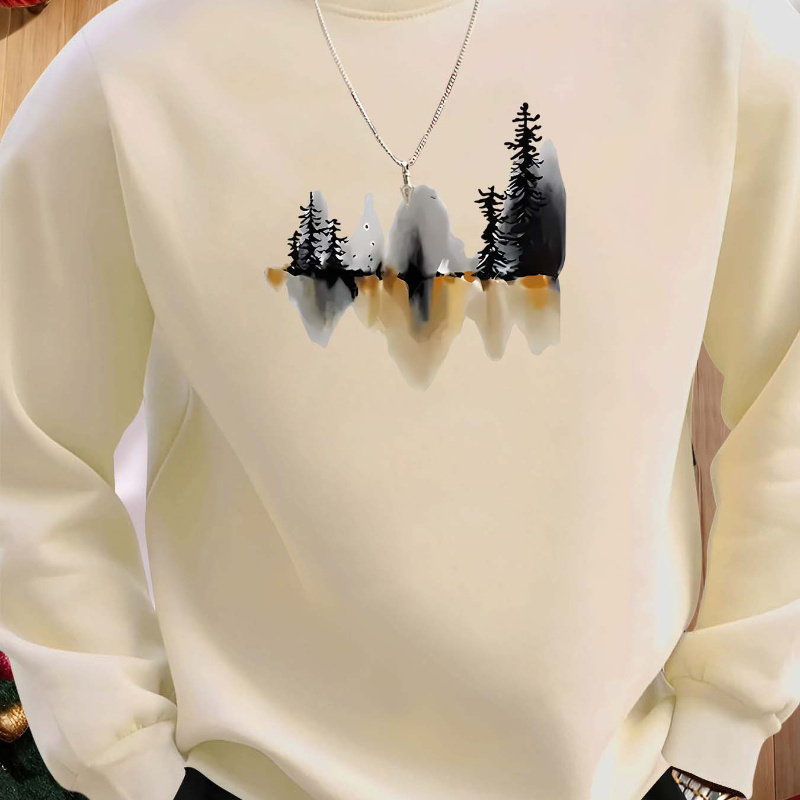 

Men's Scenic Landscape Print Sweatshirt - Casual & Trendy Long Sleeve Crew Neck Pullover, 100% Polyester, Machine Washable, Ideal For Outdoor Activities