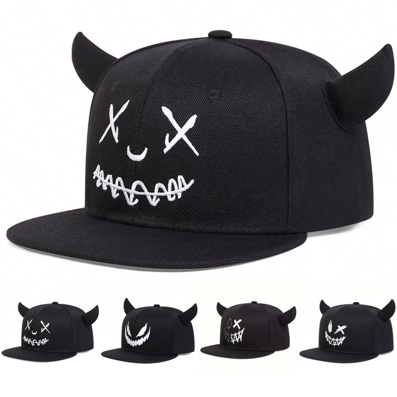 

1pc Cartoon Men's Horns Embroidered Hip Hop Hat, Outdoor Sport Adjustable Sunscreen Leisure Hat For Traveling