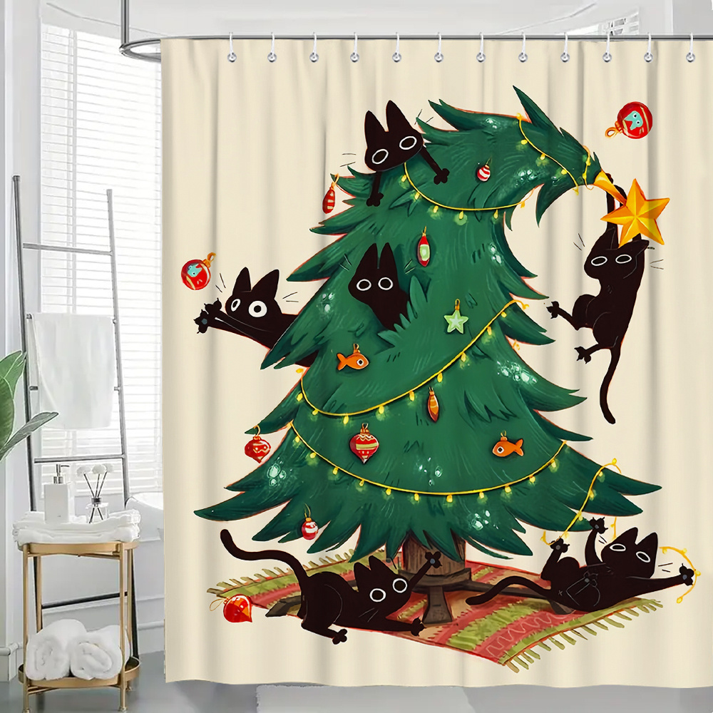 

Christmas Shower Curtain With Cats Playful On Tree Design, Includes 12 Hooks, Waterproof Polyester Fabric, Machine Washable, Water-resistant Pastoral Themed Bathroom Decor With Festive Holiday Appeal