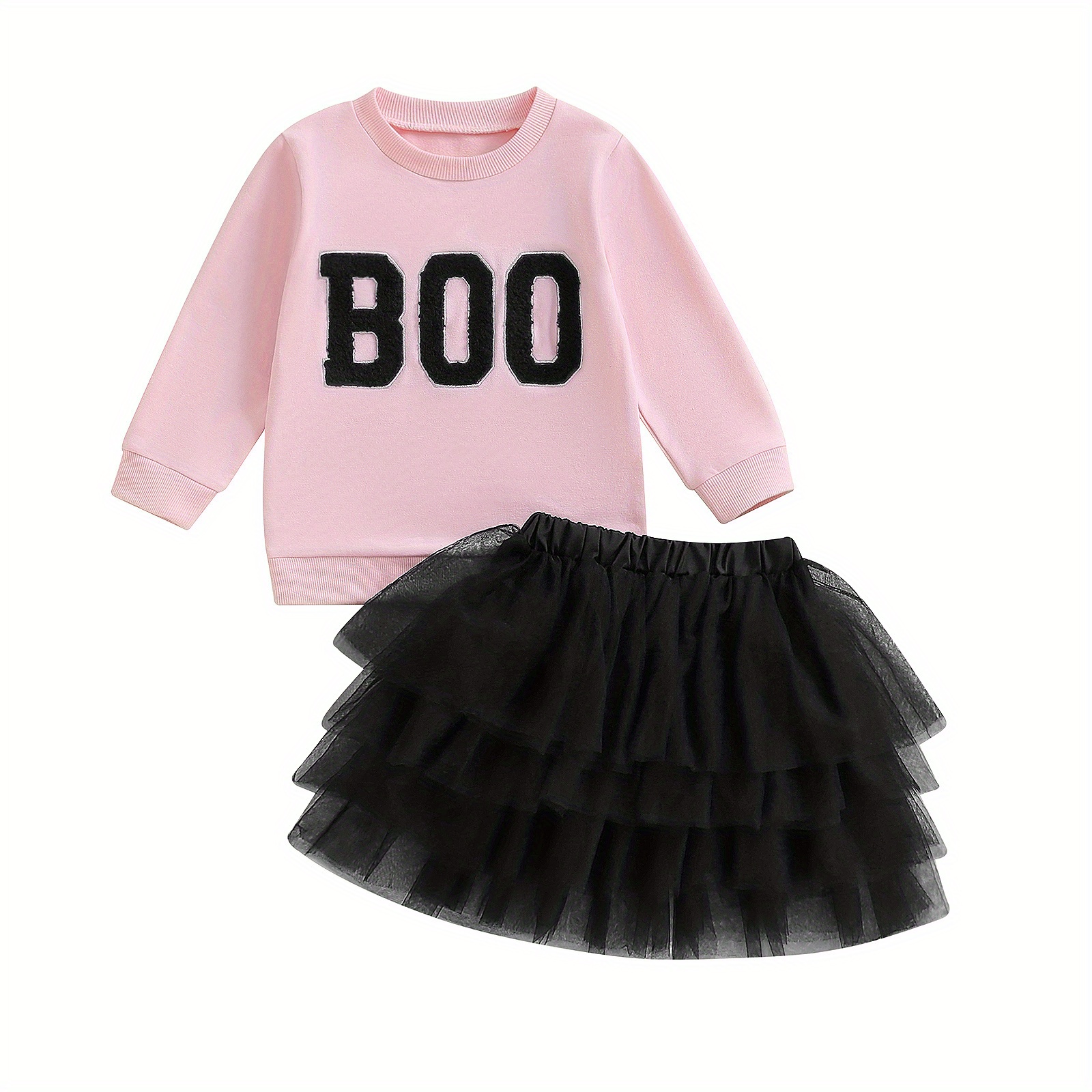 

Baby Toddler Girl Halloween Outfit, Letter Embroidery Long Sleeve Sweatshirt Elastic Waist Tulle Skirt 2 Piece Set For Fall