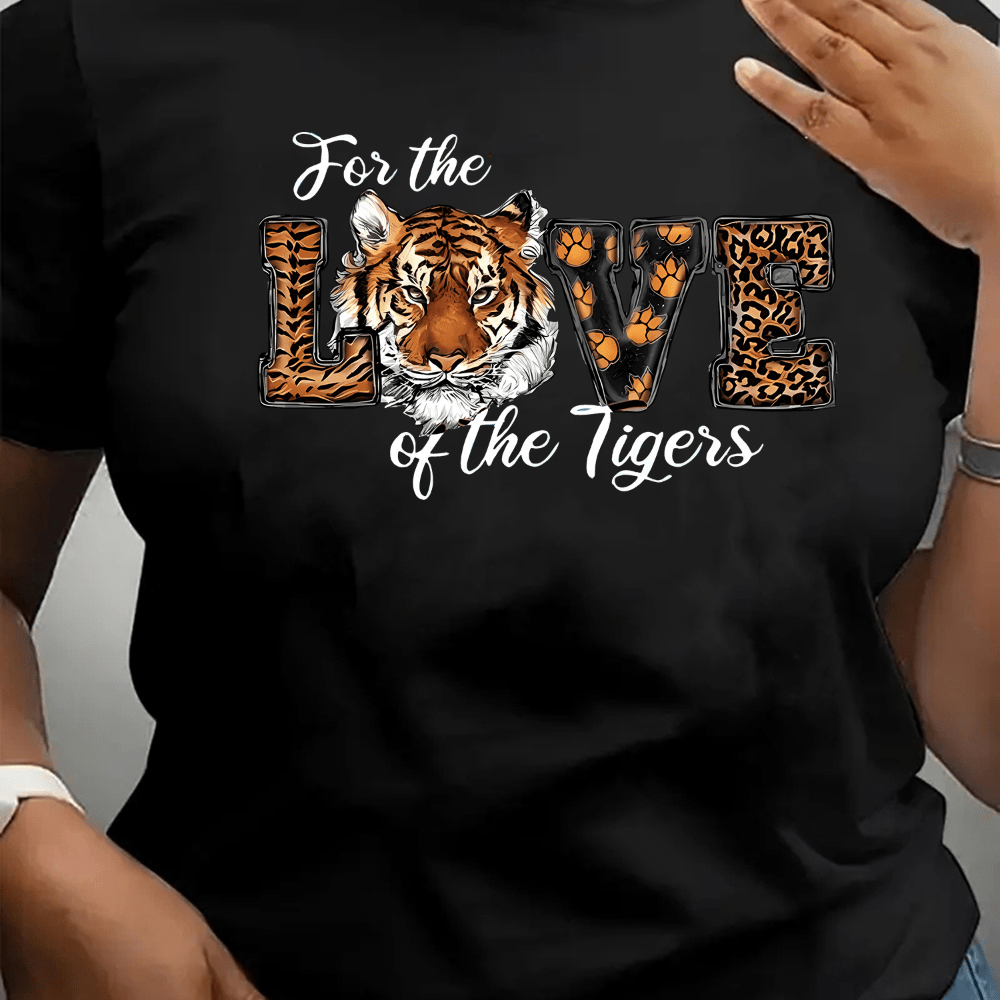 

Letter Tiger Print T-shirt, Short Sleeve Crew Neck Casual Top For Summer & Spring, Women's Clothing