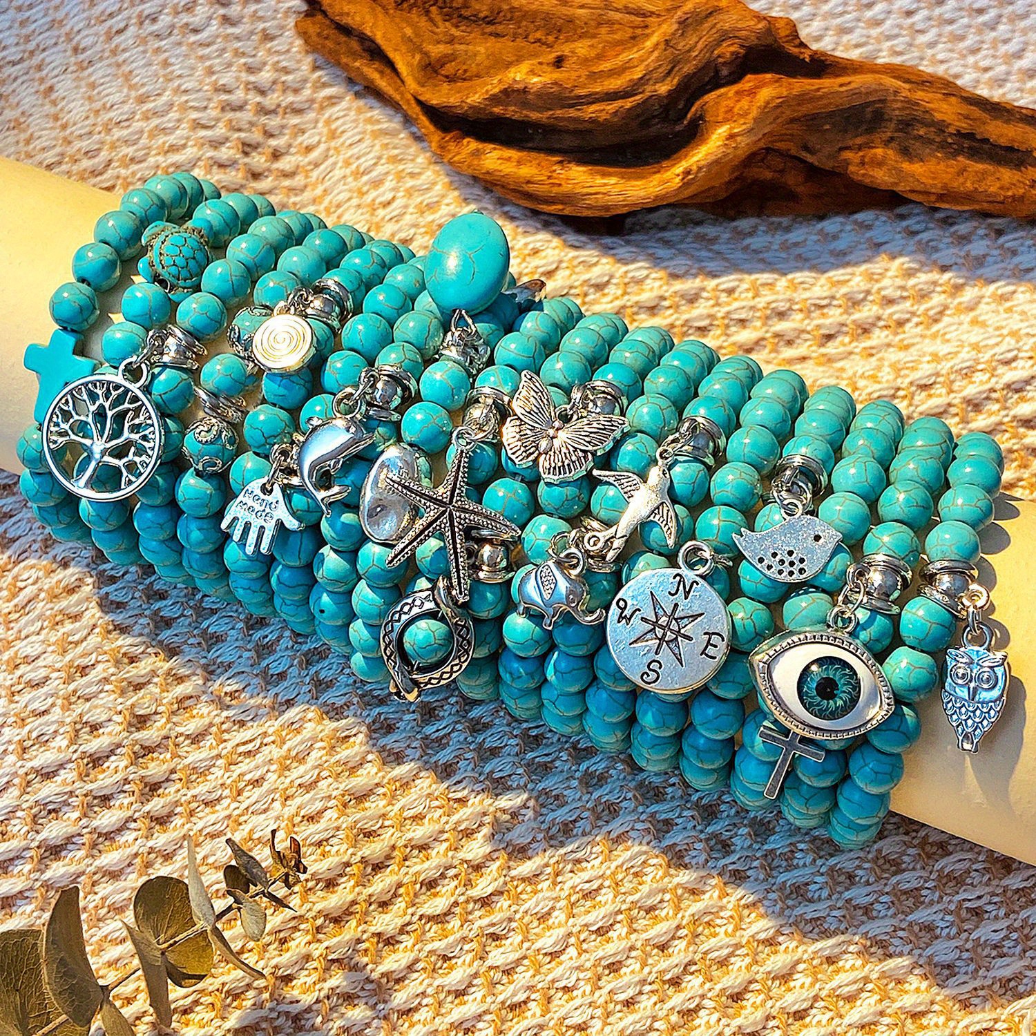 TEMU 18pcs Bohemian Natural Turquoise Beaded Bracelet Sets For Women, Summer Beach Starfish Turtle Turquoise Bracelet, Charm Ethnic Style Bohemian