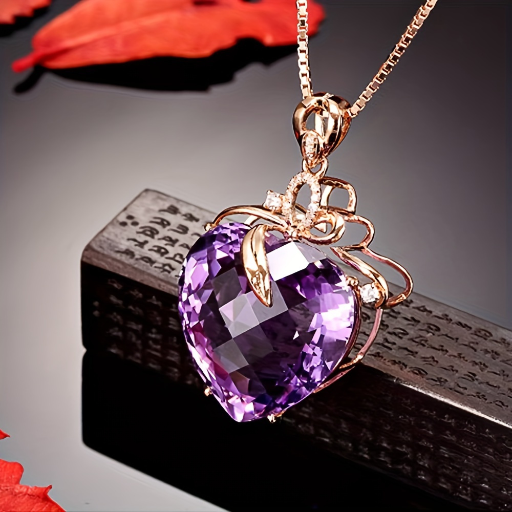 

1pcs Amethyst Heart Pendant Necklace - Elegant Golden Love Symbol, Chic Valentine's Day Gifts Gift Set