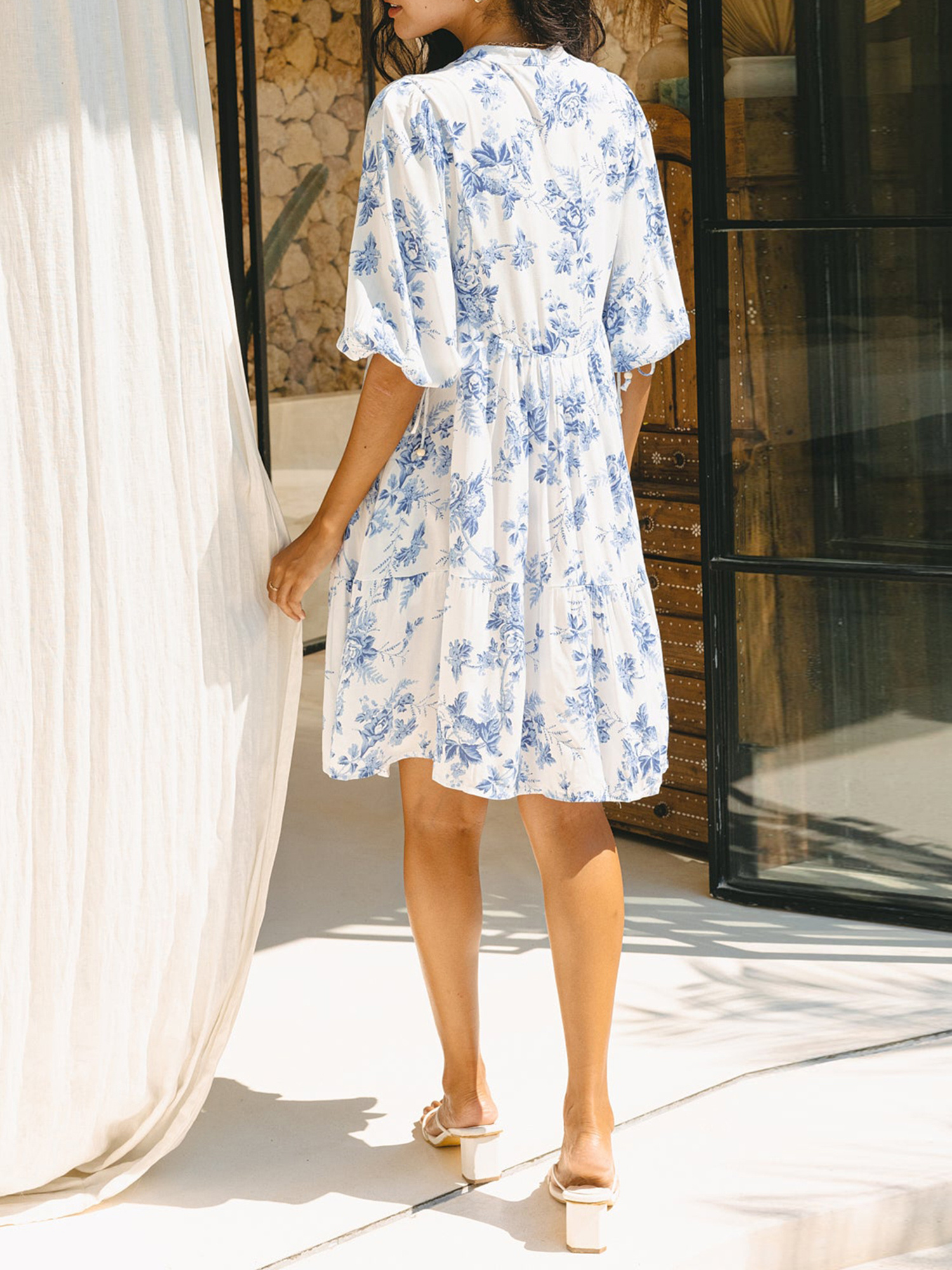 women mini dress stripe floral print buttons tie front elbow - Temu
