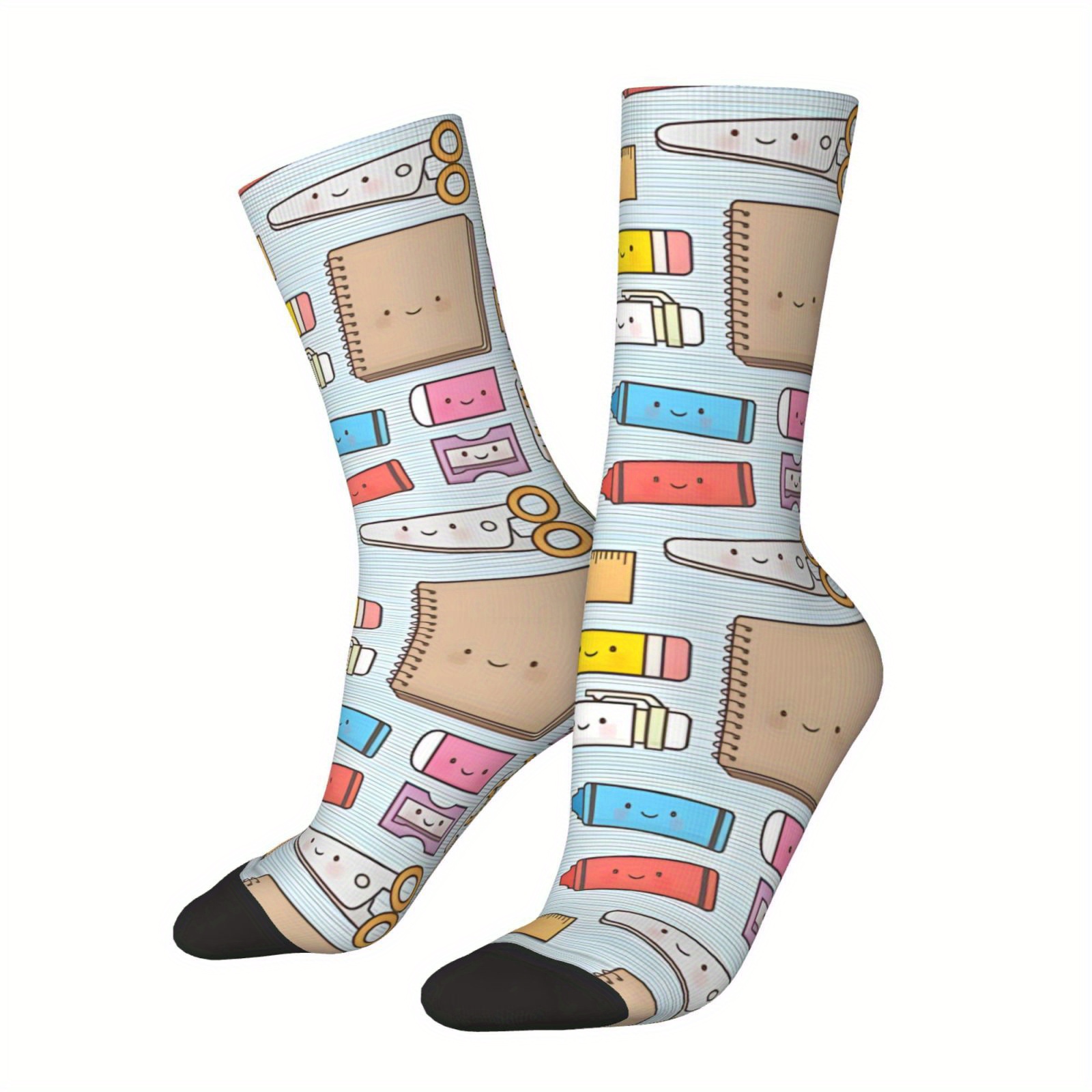 

1 Pair Kawaii School Supplies Doodle Cartoon Knit Athletic Tube Socks, Polyester & Spandex Blend, Men's Unisex Funny Novelty Crew Socks For Hip Hop , Seamless Printing, Hand Washable - Great Gift Idea