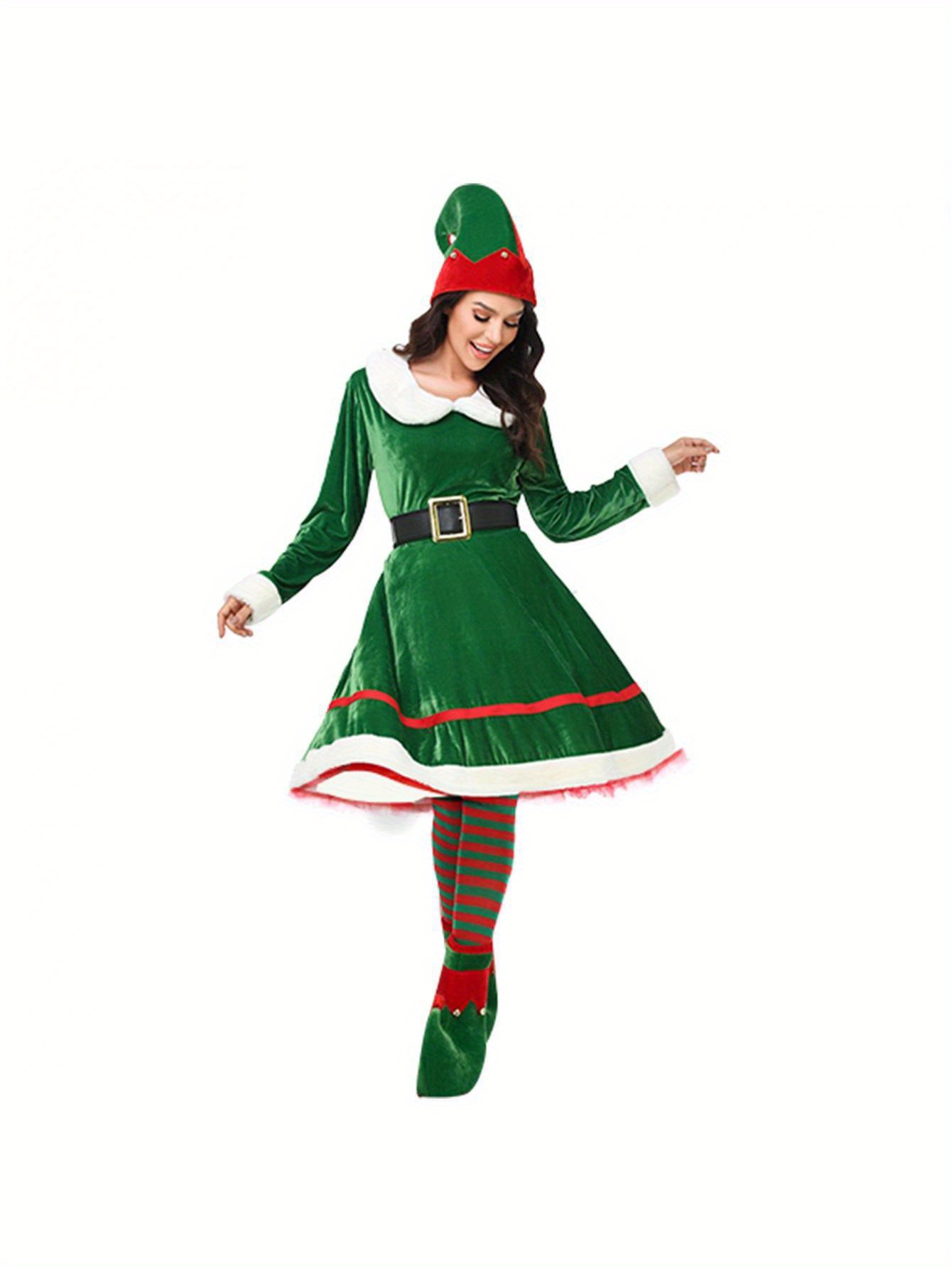 christmas elf costume set for women - short sleeve dress, belt, cute hat &  striped stockings - cosplay & holiday parties | Shop Now For Limited-time  Deals