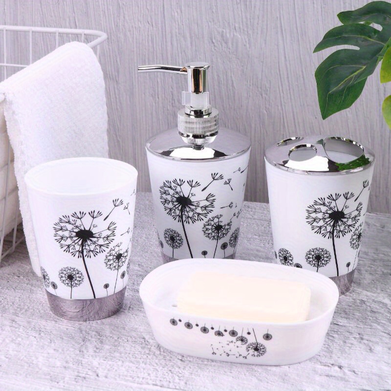 

4-piece Bathroom Set: Dandelion Design Cups, Soap Dish, And Toothbrush Holder - Plastic Material