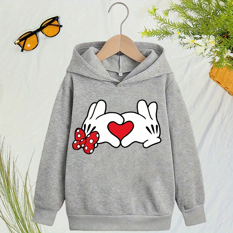 

Cartoon Heart Gesture Print Trendy Hoodie, Comfy Casual Hooded Sweatshirt, Girl's Outdoor Daily Wear