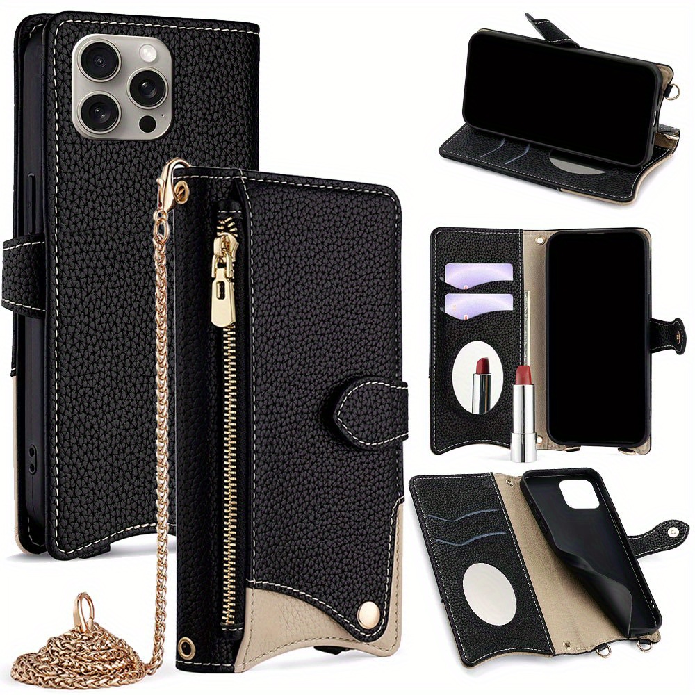 fashion ladies phone case bring a makeup mirror hardware chain large capacity wallet zipper wallet phone case for iphone 6 6s 6 6s 7 8 14 15 16 plus 7 8 se2 3 pro 11 12 13 14 15 16 pro max details 1