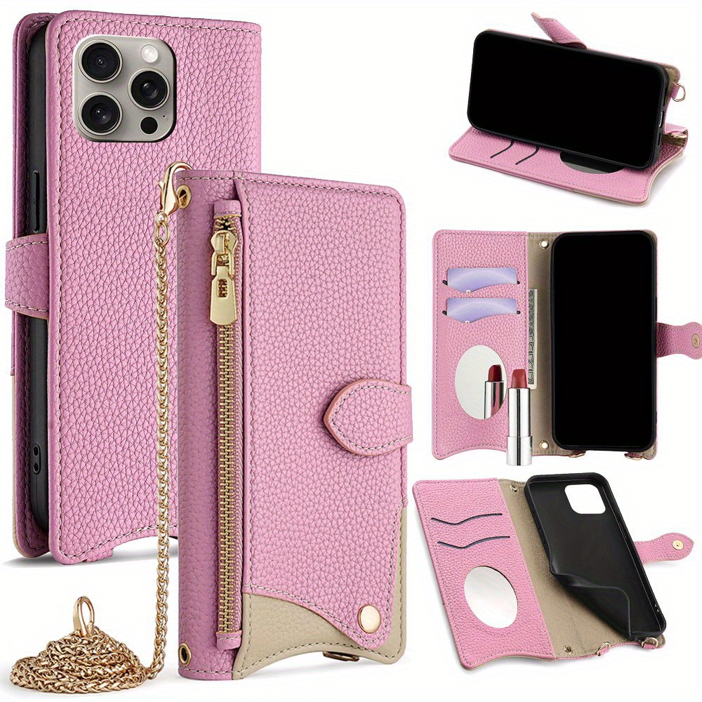 fashion ladies phone case bring a makeup mirror hardware chain large capacity wallet zipper wallet phone case for iphone 6 6s 6 6s 7 8 14 15 16 plus 7 8 se2 3 pro 11 12 13 14 15 16 pro max details 4