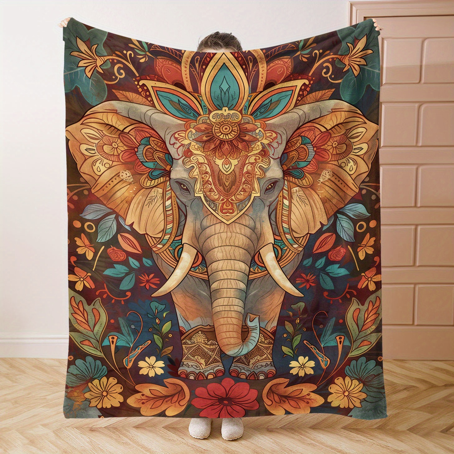 

Bohemian Elephant Pattern Print Flannel Blanket - Soft And Comfortable Throw For Bed, Sofa, Office, Or Camping