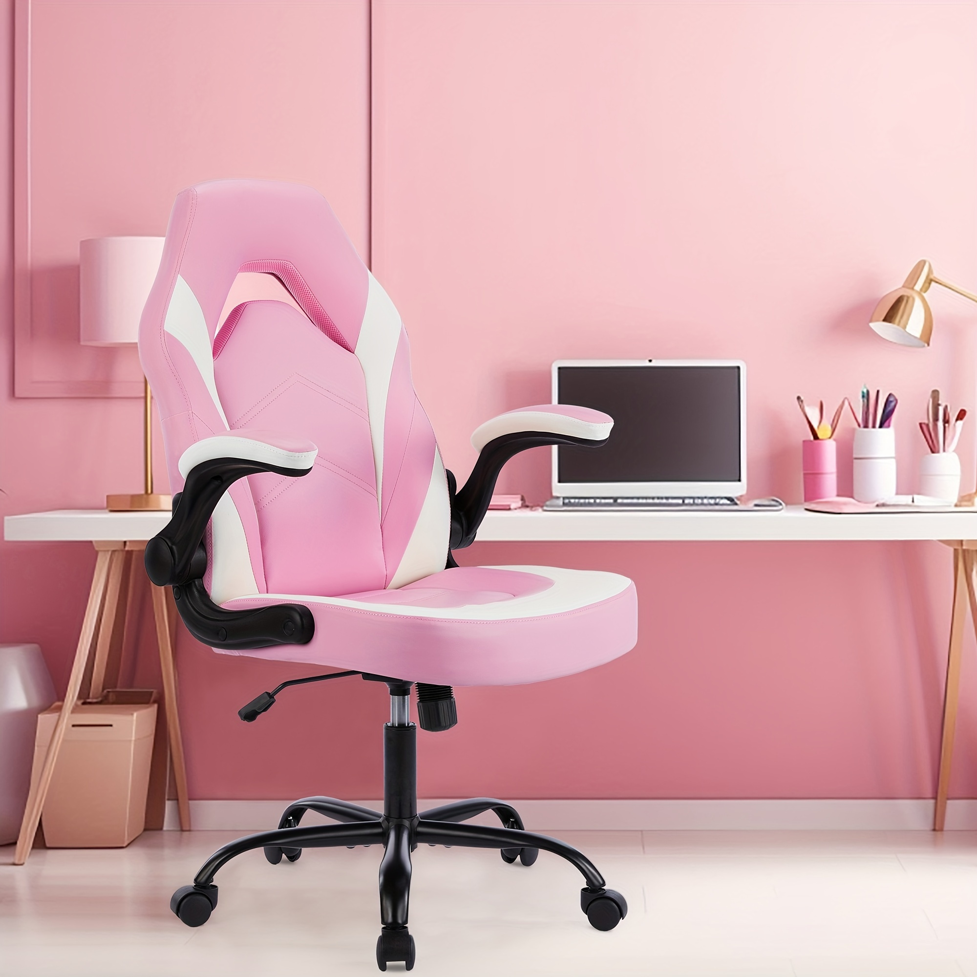 

Pink Ergonomic Pu Leather Computer Gaming Chair Office Chair Adjustable Height, Armrests, Swivel Task Chair, Metal Frame, Casters, Manual Recliner, Hard Floor Compatible Solid Back Support