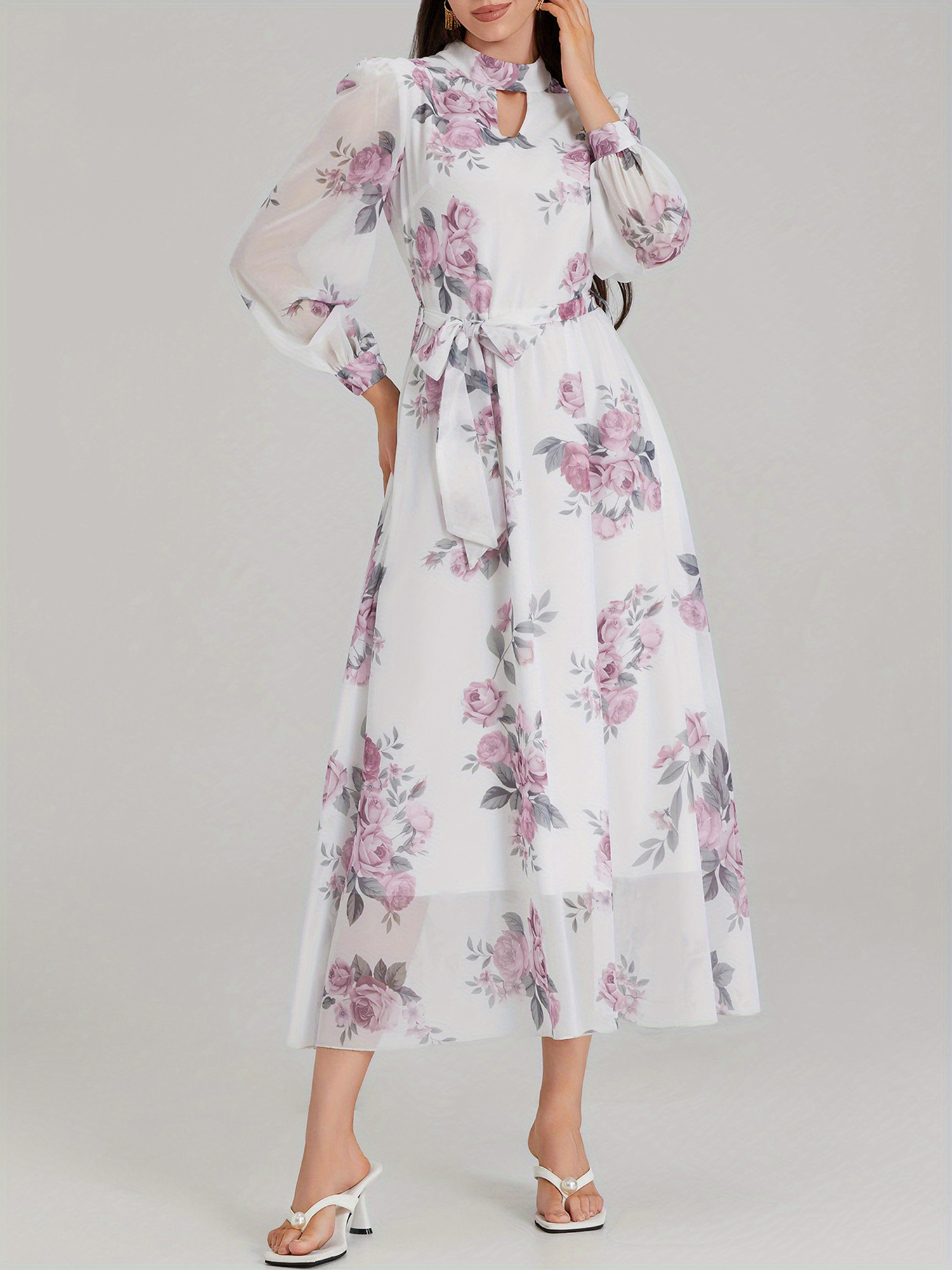 cream dresser and nightstand set Beige Floral Pleated Chiffon Midi Dress from PinkBlush