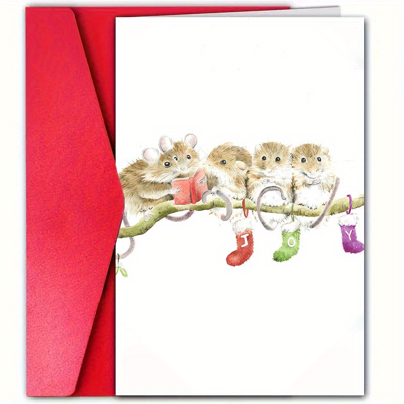 

1pc Hand-illustrated Festive Mice Greeting Card With Envelope, Multi-occasion Card For Christmas, Birthday, Prom, Thank You - Universal ' Greetings' Design For Anyone