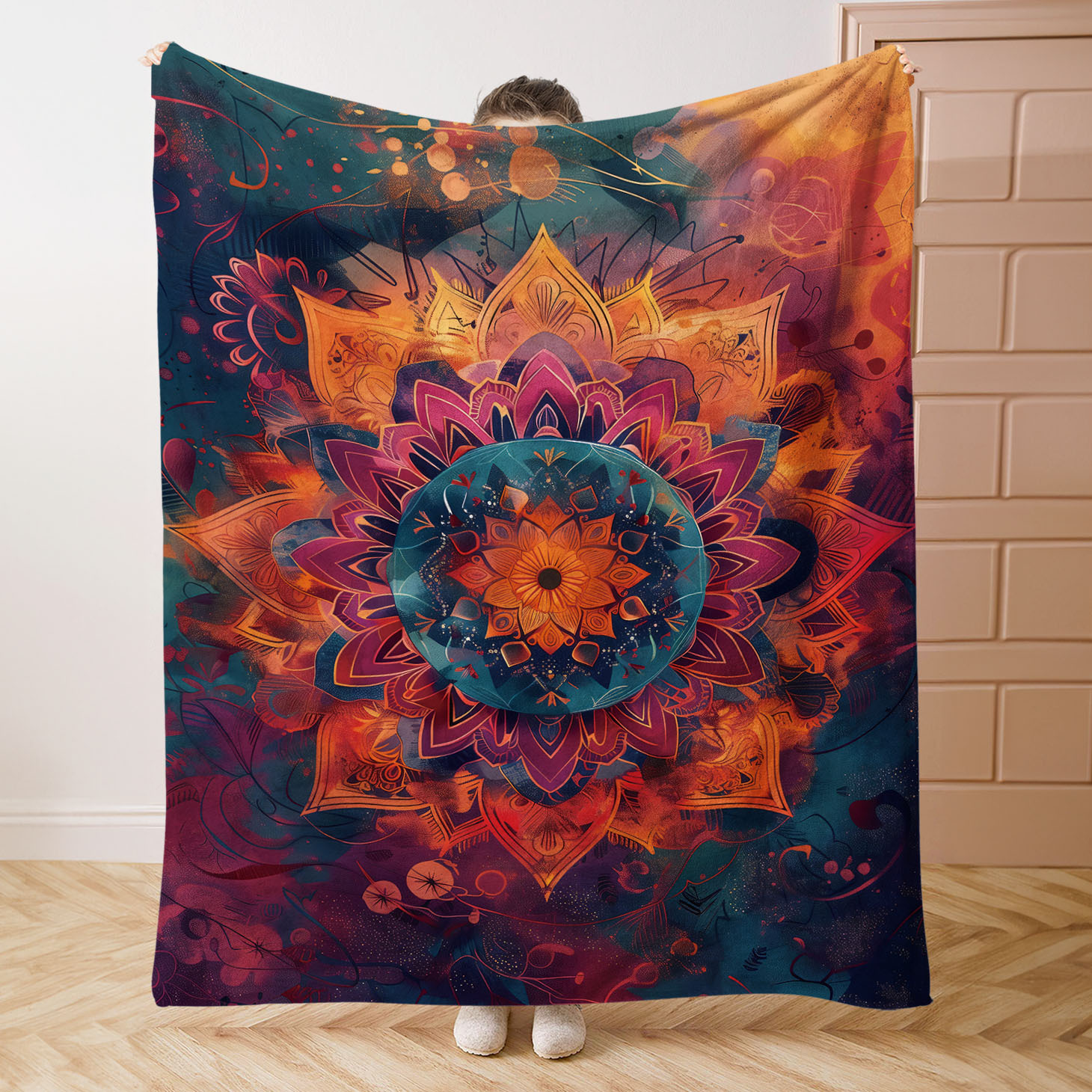 

Couverture en flanelle fleur de mandala bohémienne - numérique douce et confortable en polyester tricoté pour lit, canapé et bureau - Décoration de style rétro pour toutes les avec des teintes de