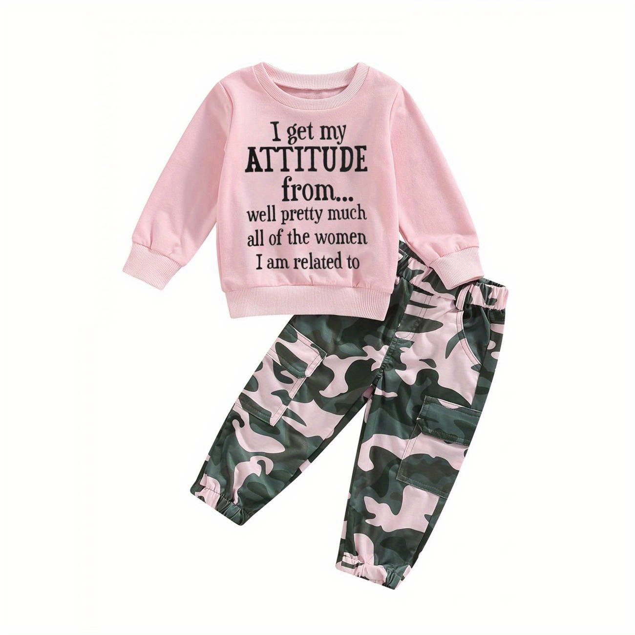 

Toddler Baby Girls Fall Clothes Letter Print Long Sleeve Sweatshirt And Stretch Camouflage Pants Set 2 Piece Outfit