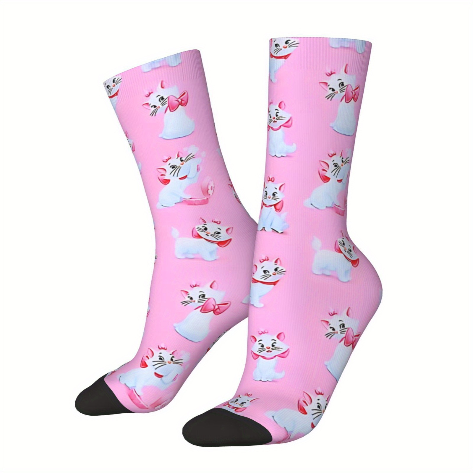 

1 Pair Men's Compression Crew Socks, Polyester Knit Fabric, 95% Polyester 5% Elastane, Hand Washable, Fun Cat Print, Novelty Hip Hop Crazy Socks For Boys