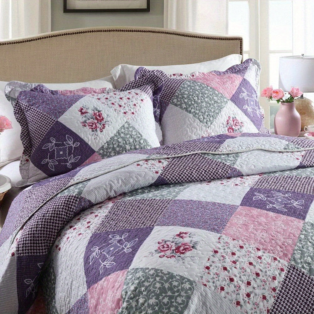TEMU 3pcs Fragrant Purple, Cotton Filling And Microfiber Cover Quilted Production, Taking Into Account The Breathable And Comfortable Quality, Handmade , Three-piece Family Quilt Set