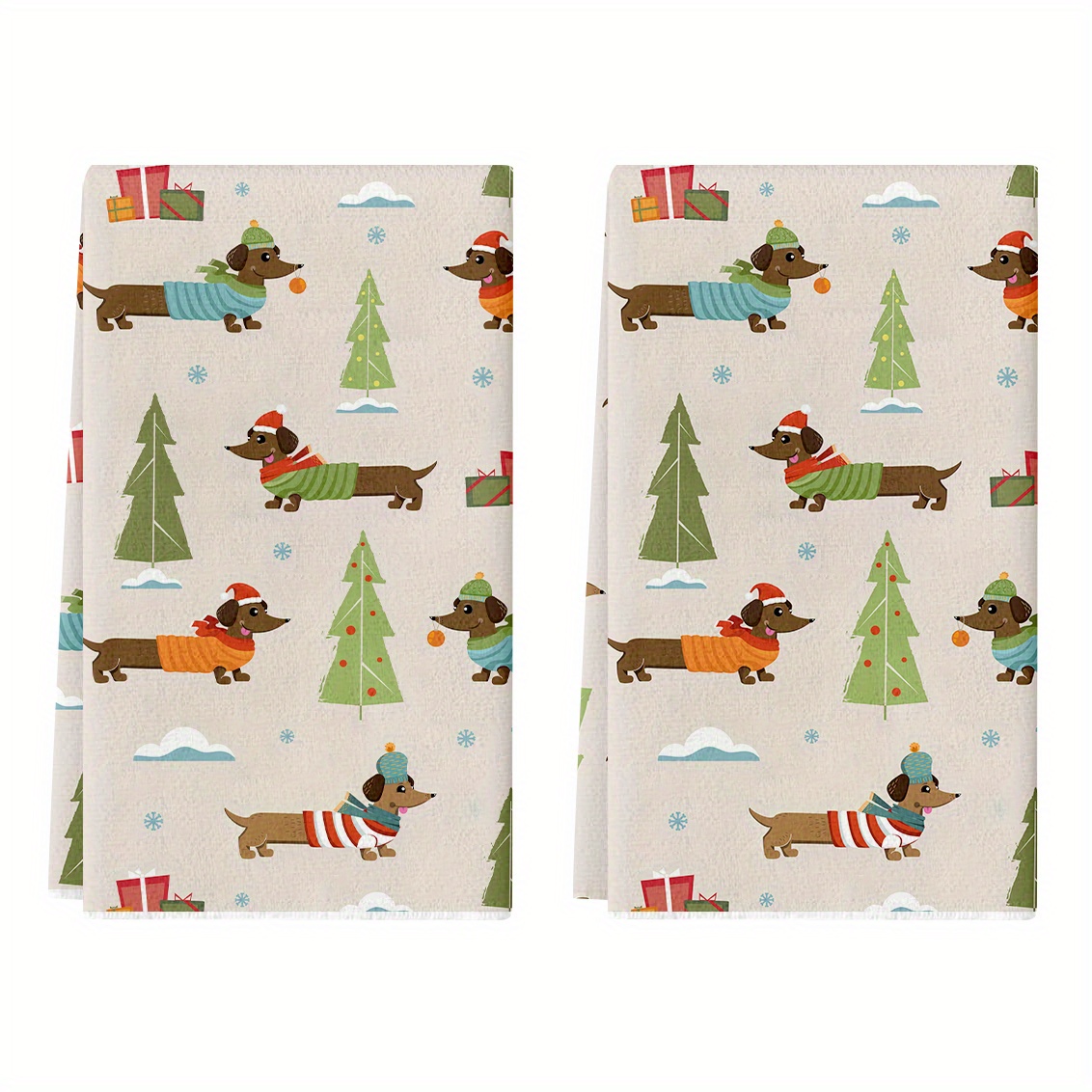 

2-pack Vintage Cartoon Dachshund And Tree Print Polyester Kitchen Towels - Decorative Knit Fabric Dish Cloths, Hand Wash Only, Patterned Oblong Hand Towels For Seasonal Decor, 16x24 Inch