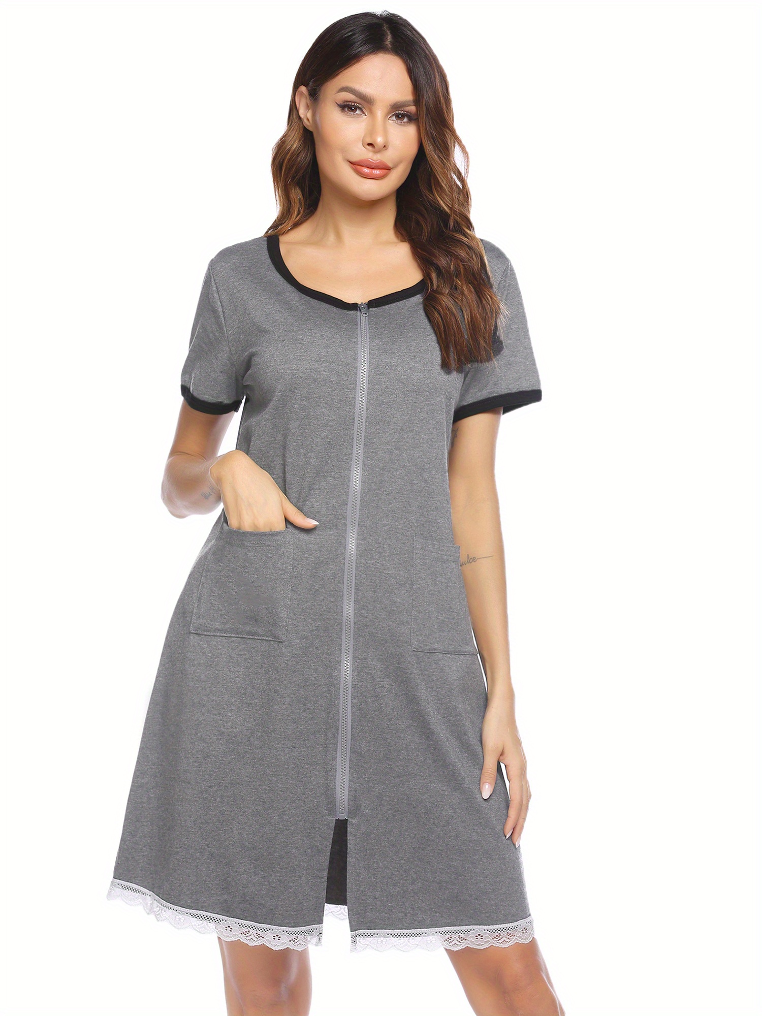 knee length dresses for ladies SWOMOG Zip Up Dress for Women Post Surgery Short Sleeve Robe Modal Nig
