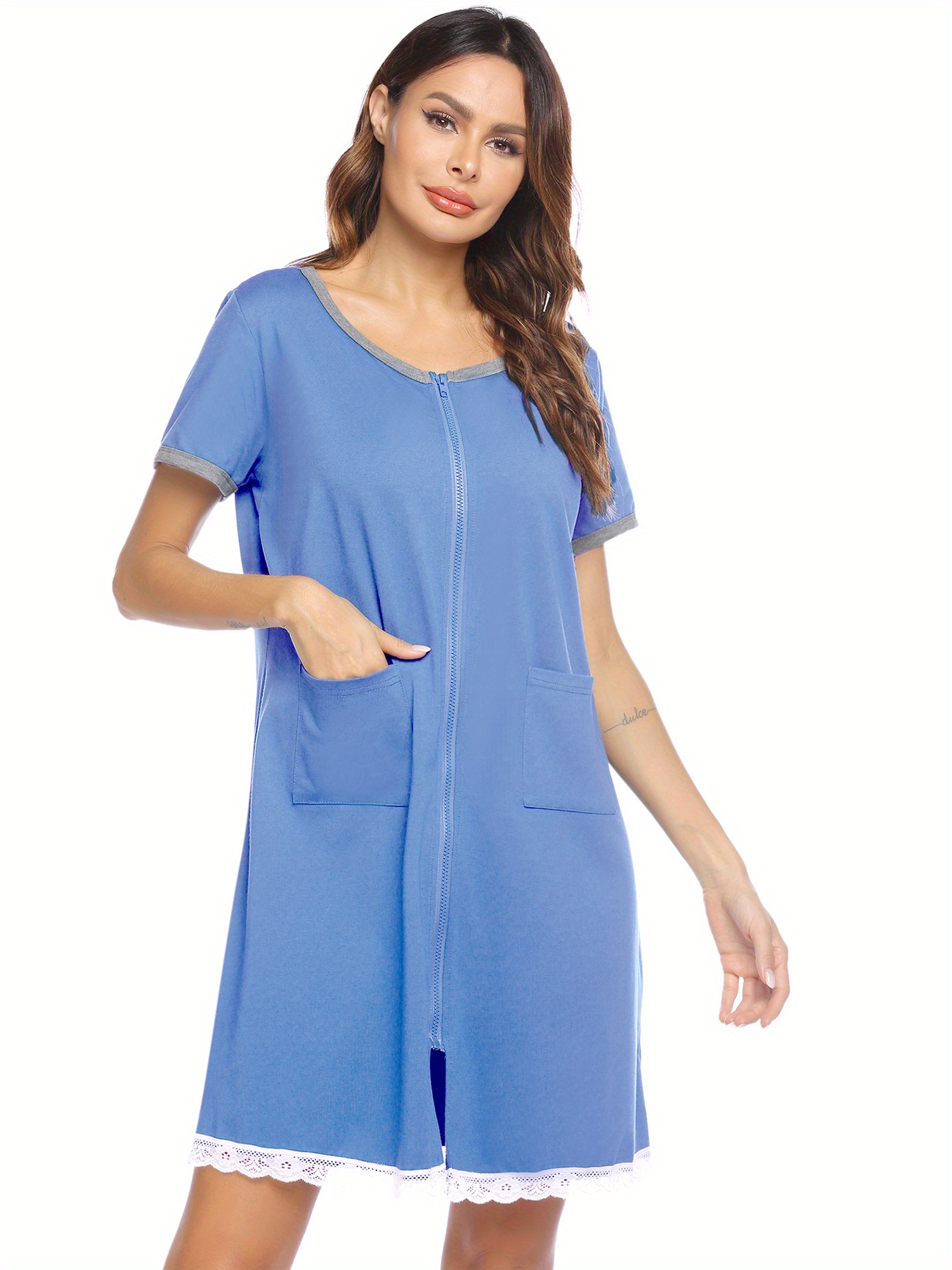 knee length dresses for ladies RH Womens Zipper Robes Half Sleeve Zip Front Knee Length Housecoat Dre –  Richie House USA main image 1
