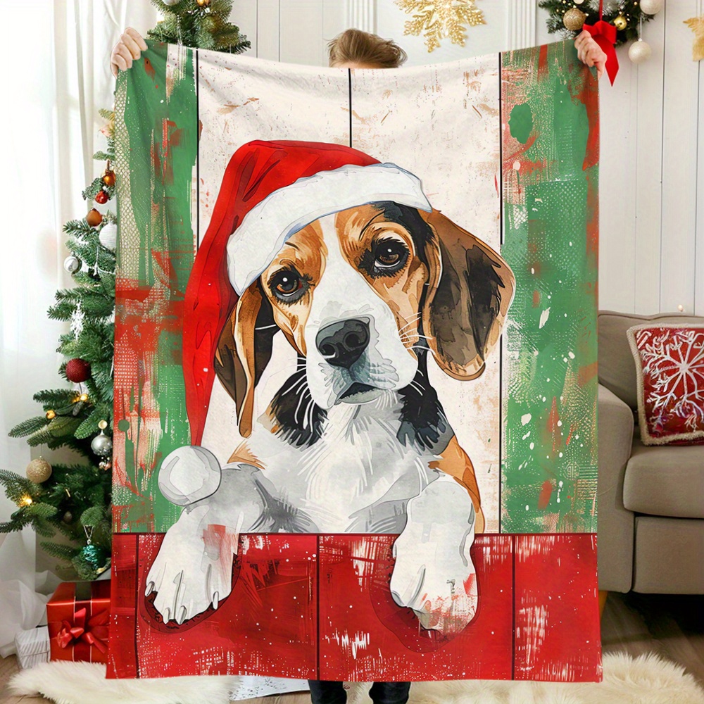 

Cozy Christmas Beagle Blanket - Soft Flannel, Vintage Wooden Plank Design With Santa Hat Dog Print, , Camping, Travel & Home Decor