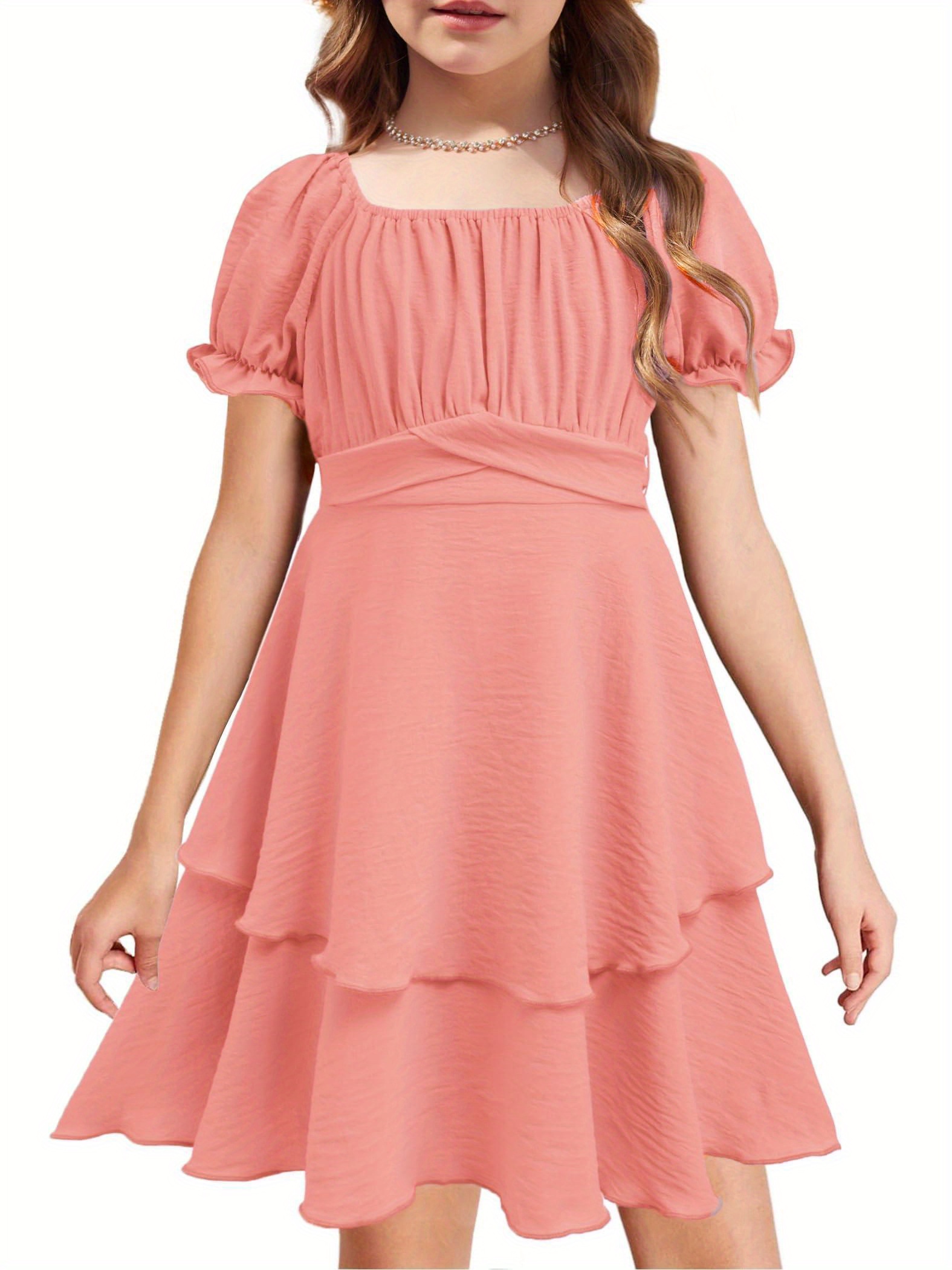 girls dress summer shoulder puff sleeve ruffle tiered layer - Temu