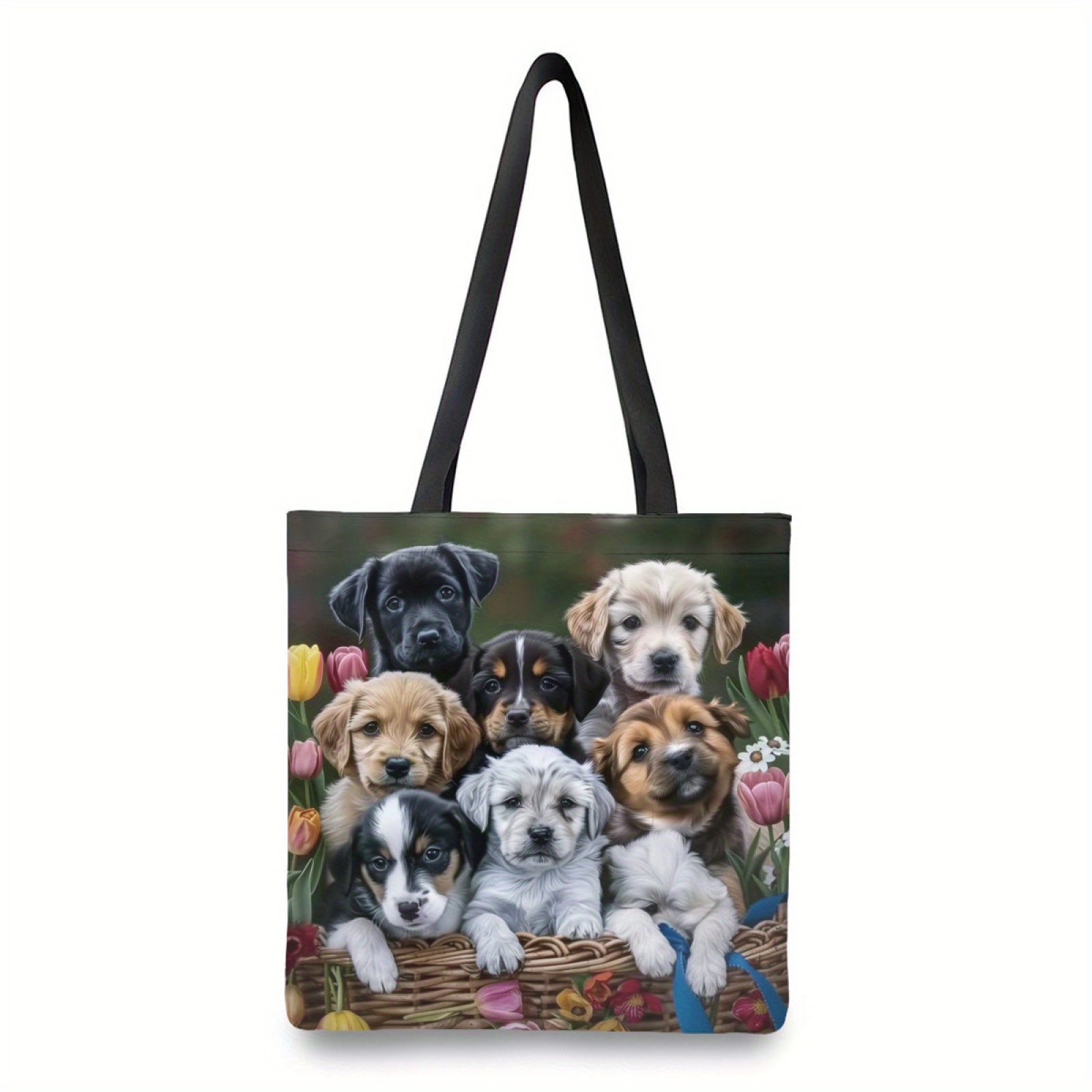 

1pc Grand Sac Fourre-Tout en Toile avec Imprimé Chiot - Sac à Épaule Spacieux pour Shopping & Courses, pour les des Animaux, Sac à Main en Polyester Réutilisable & pour un