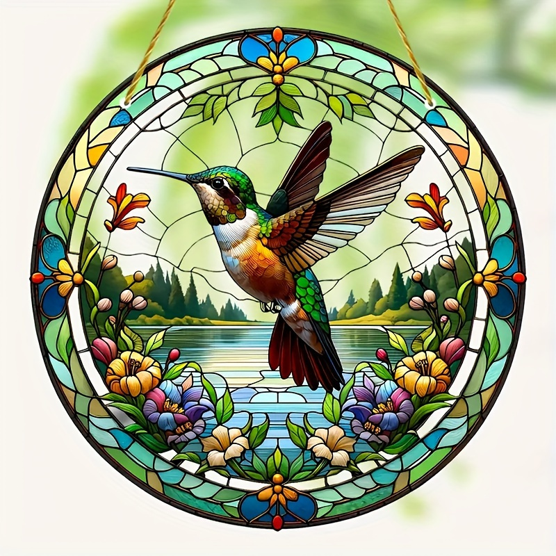 

Stylish Dazzling Hummingbird Suncatcher - Colorful Stained Glass Effect Round Acrylic Hanging Decoration, 20x20cm/ 7.87"x7.87", Window Porch Wall, Vibrant Home Decor, Indoor Outdoor Garden Supplies