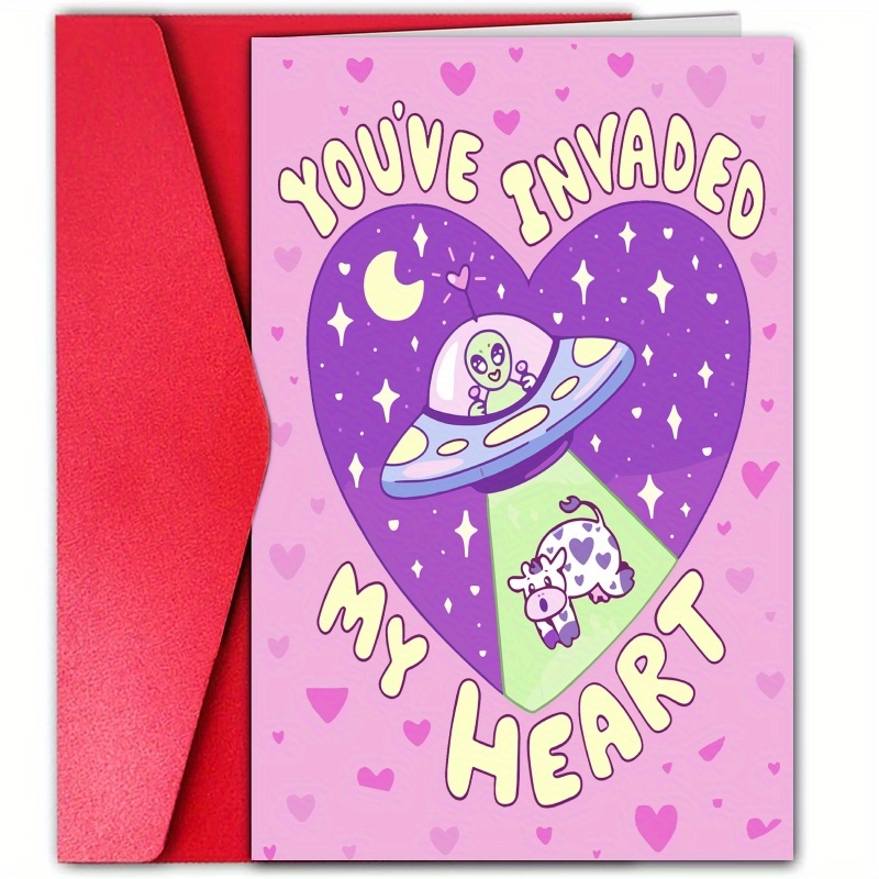 

1pc Alien Themed Greeting Card With Envelope - Humorous "you've Invaded My Heart" Design - Ideal For Birthday, Friendship, And Special Occasions