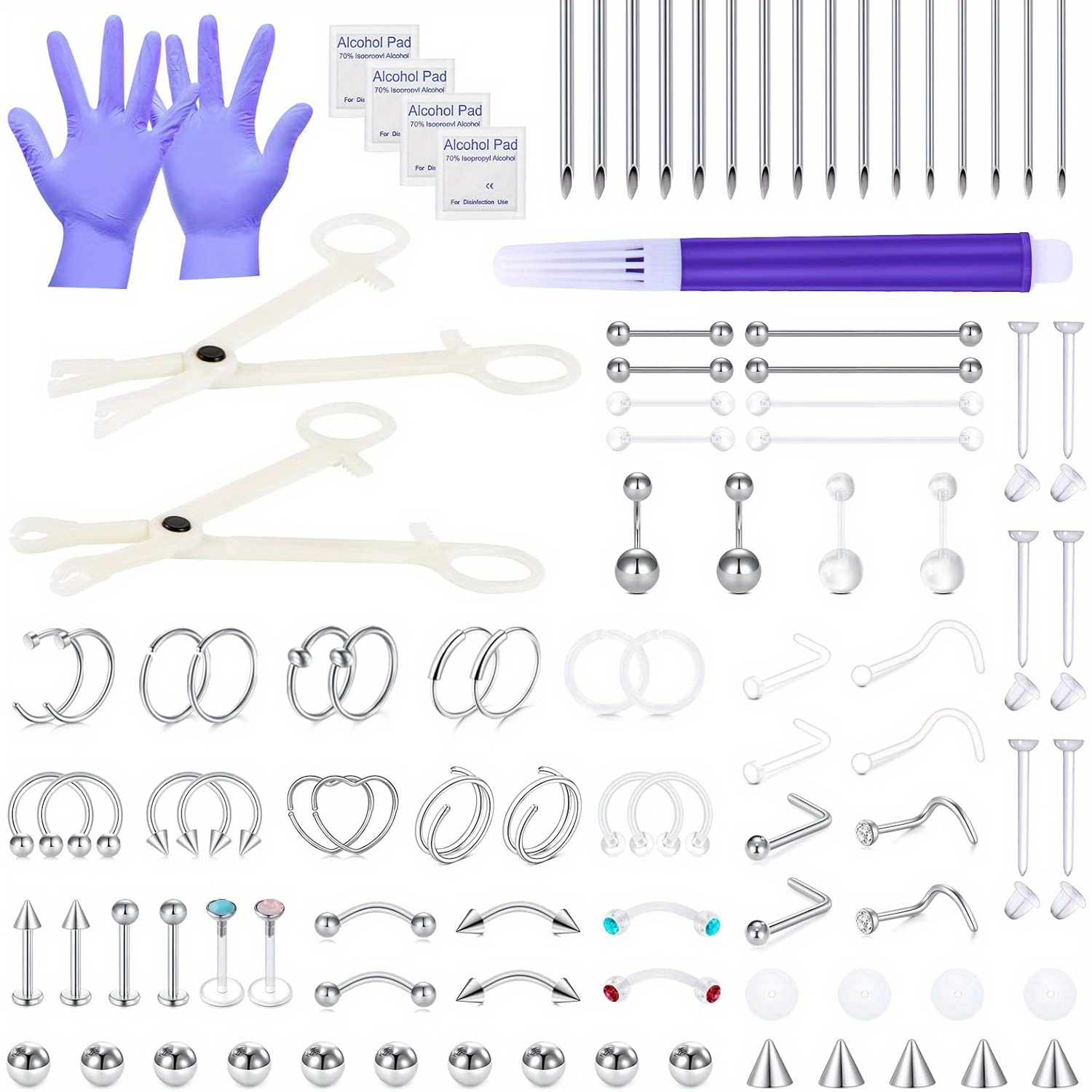 

D.bella 100pcs/ Set Professional Body Piercing Kit, 14g 16g 18g Stainless Steel Piercing Barbells Replacement Balls Piercing Needles Kit With Acrylic Retainers For All Piercings Nose Ear Belly