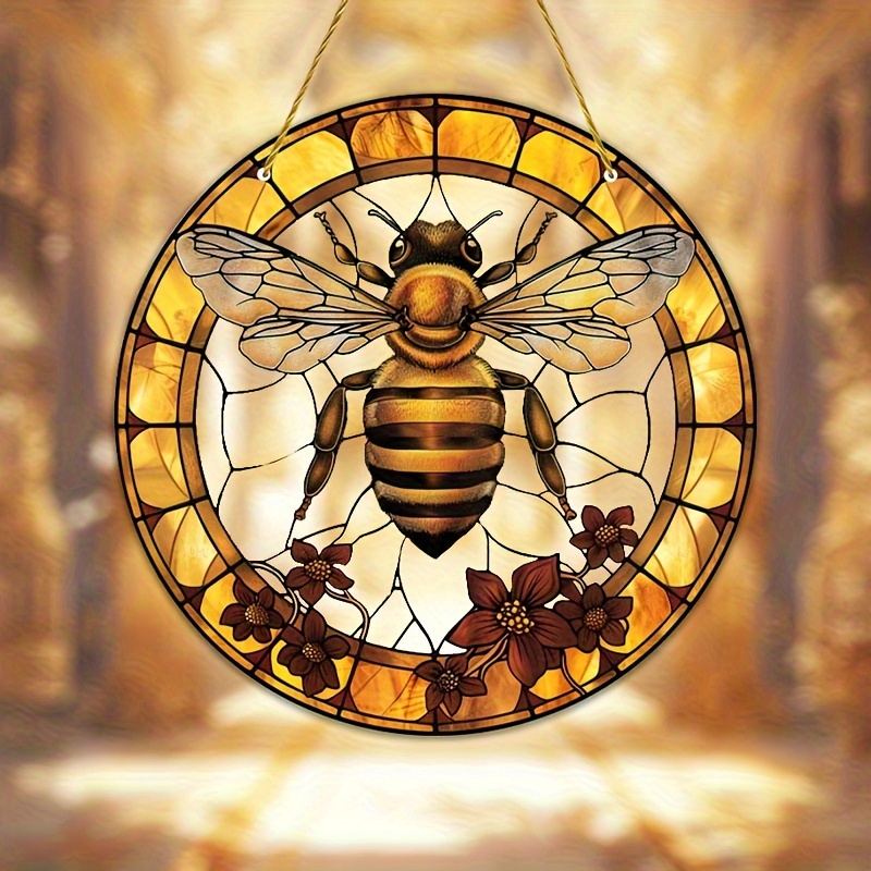 

1pc Bees And Flowers Suncatcher Stained Window Hanging Decor Art (8in X 8in) 20cm X 20cm | Home, Wall, Window, Indoor, Outdoor, Garden, Porch, Bedroom, Office Decor | | Spring Decor