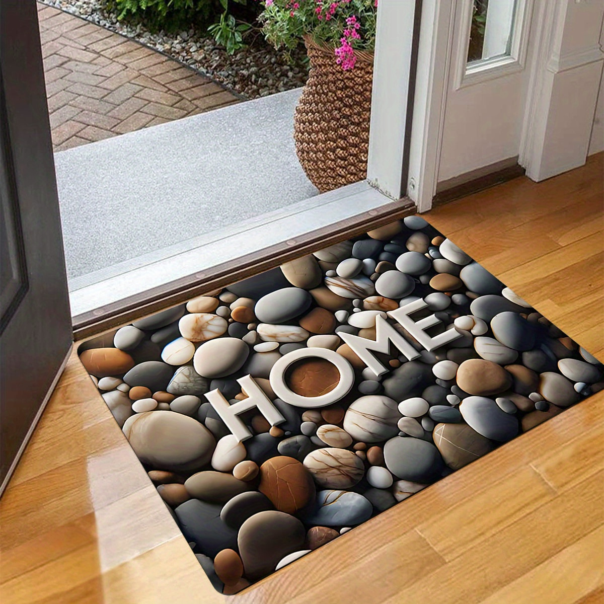 1pc polyester doormat with pebble print stain resistant lightweight non slip rectangle entrance mat for indoor use     for christmas halloween thanksgiving graduation labor day welcome home rug details 1