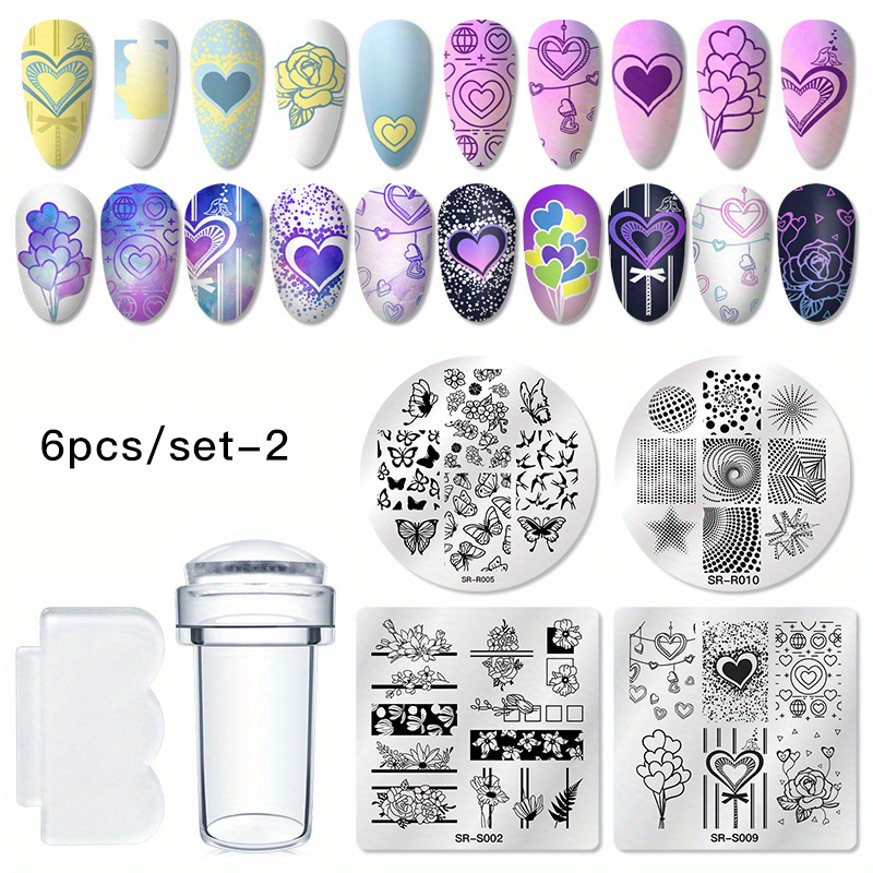 Image of 6pcs/set For Nail Stamper Kit, 4 For Nail Plates With Clear Stamper And For Nail Scraper, Flower Leaves Image Template For Nail Stamping Plates Set For Nails Manicure Design