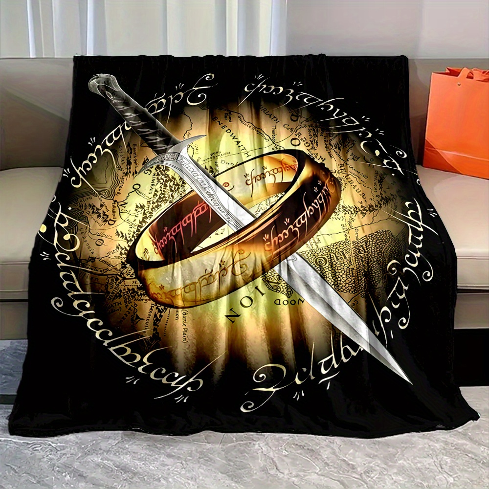 

Rustic Style Ring And Sword Print Throw Blanket - Reversible, , Non-woven Polyester, Cartoon-themed, Lightweight, Soft Flannel Fabric