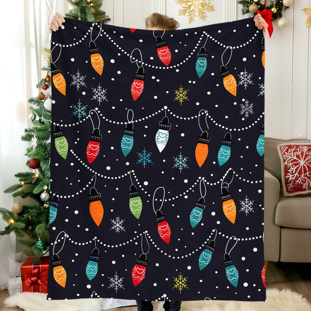 

Christmas Lights And Snowflakes Flannel Throw Blanket - 100% Polyester Knitted Quilted All-season Digital Print Soft Warm Cozy Blanket For Home, Office, Travel, And Camping