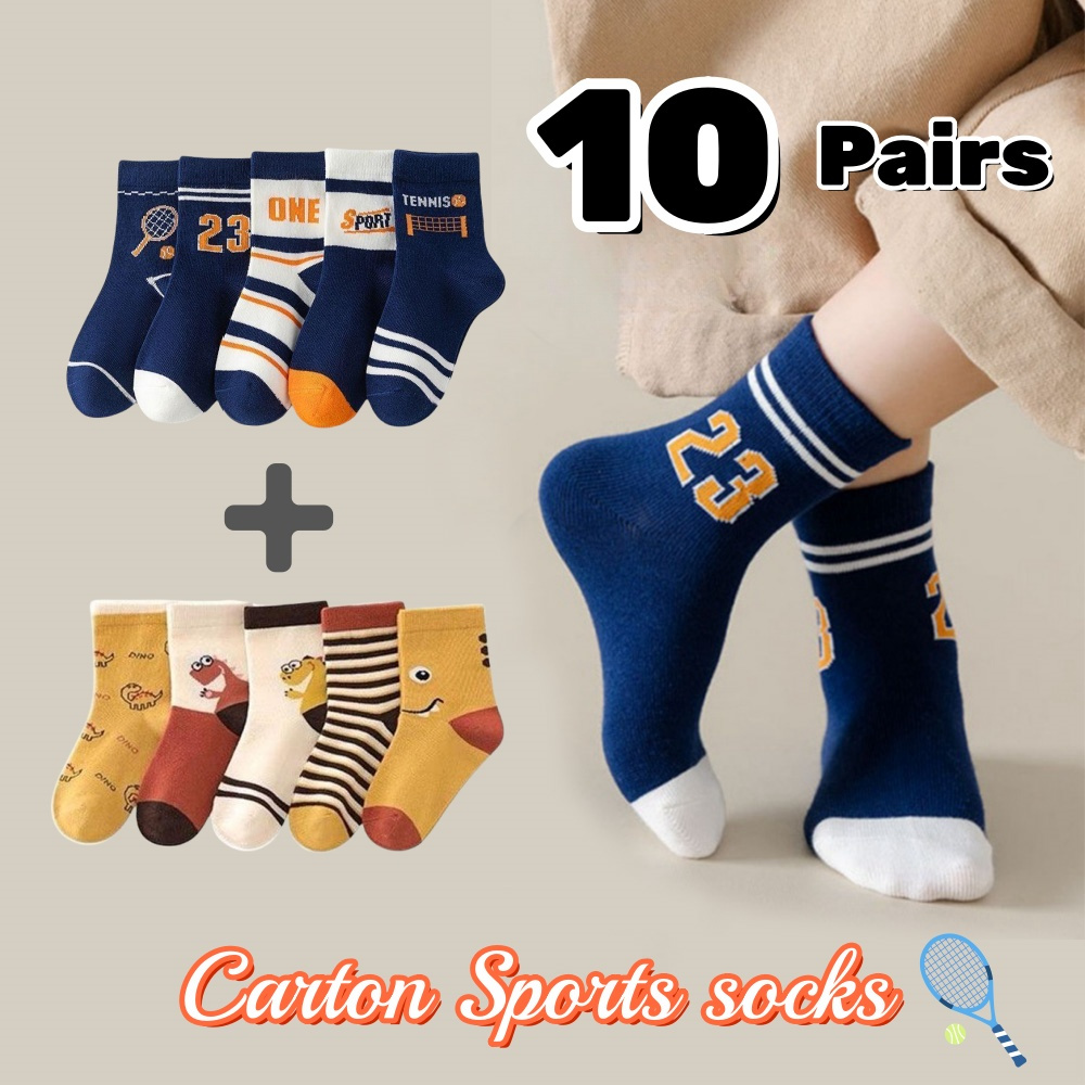 TEMU 10 Pairs Kids' Knee-high Socks - Polyester & Spandex Blend, Cartoon Pattern, Sports And Dinosaur Themes For Boys And Girls, Knit Fabric, Ages 1-12