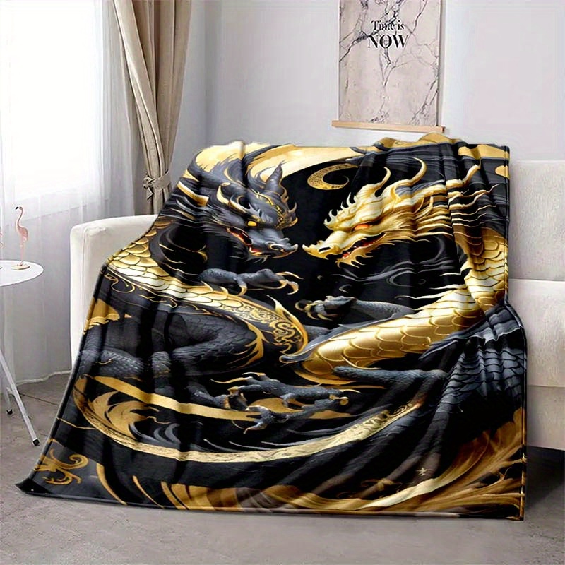 

Luxurious Black & Golden Print Blanket - Soft, Cozy Polyester For Sofa, Bed, Travel & Camping