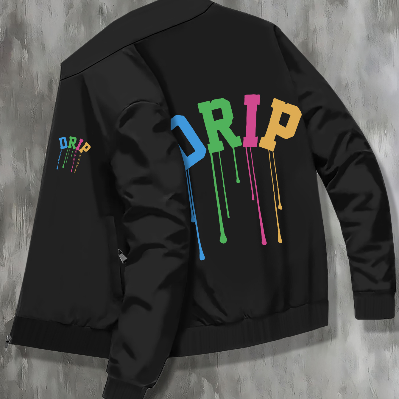 

Drip Words With Melting Paint Print Men's College Style Jacket, Casual Tops With Zipper And Pocket, Creative Clothing For , Best Fall & Winter Gift