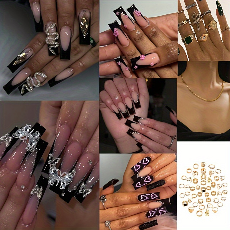 

(168pcs) 120pcs/ 5pack Long Ballerina Fake Nails + 47pcs Rings Set + Necklace Black French Tip Press On Nailswith 3d Butterfly Snake Rhinestone Design Sparkling Full Cover False Nails For Women