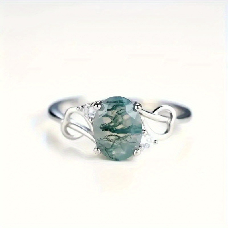 

Ring Inlaid Moss Agate Egg Shape High Quality Jewelry Matching Daily Party Accessories Direct Sales