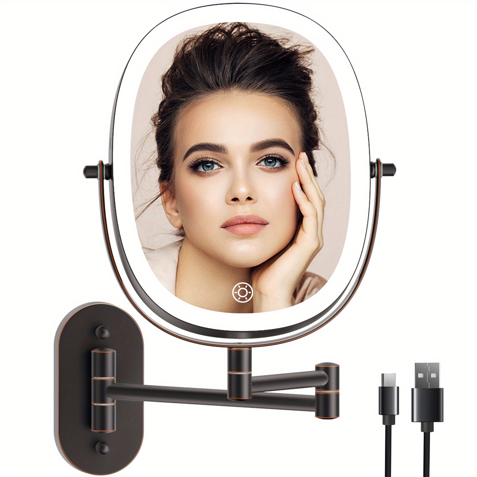 

Rechargeable Mounted Lighted Makeup , 8 Double Led 1x/ 7x Magnification, 3 Touch Dimmable Frame 360° Bathroom Bronze