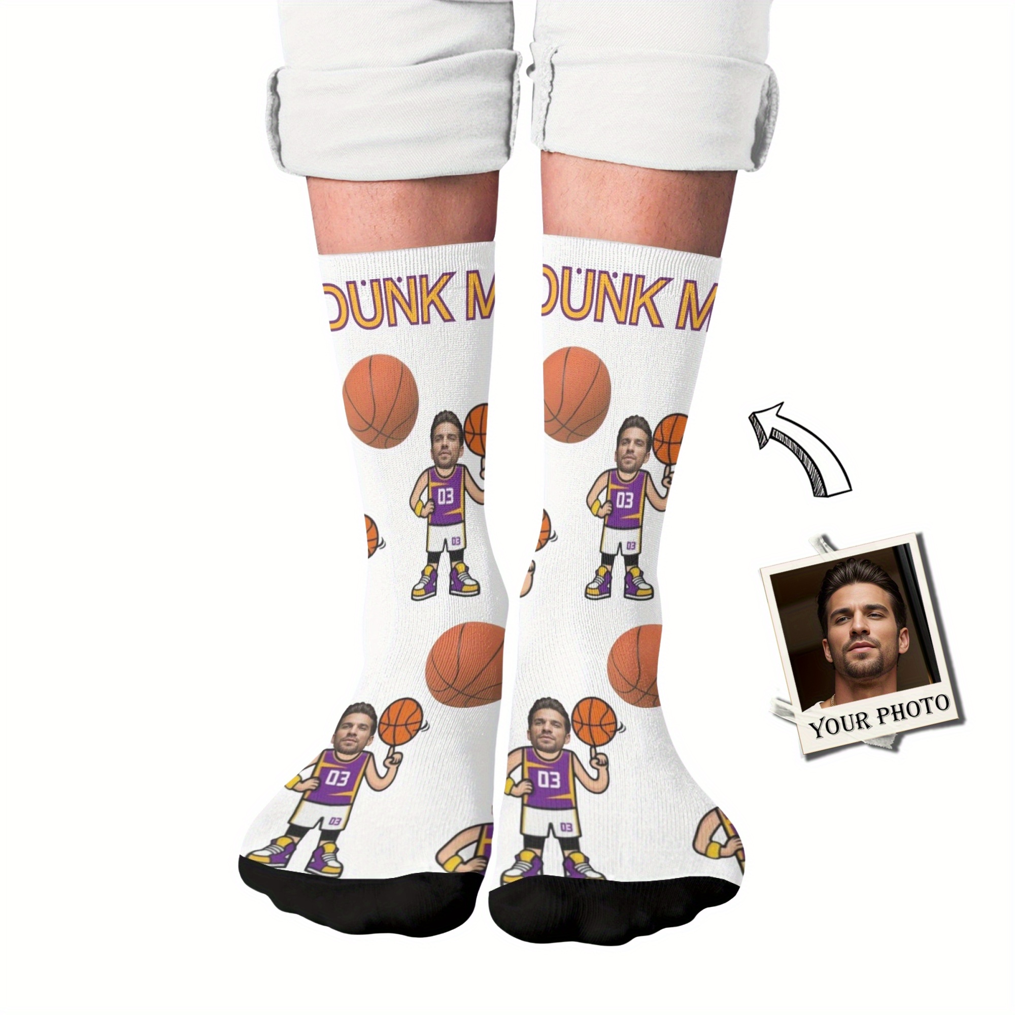 

Basketball & Customized Headshot Pattern Men's Crew Socks, Breathable Comfy Casual Socks Sweat-absorbing Fashion Sports Socks For Outdoor Fitness Basketball Running