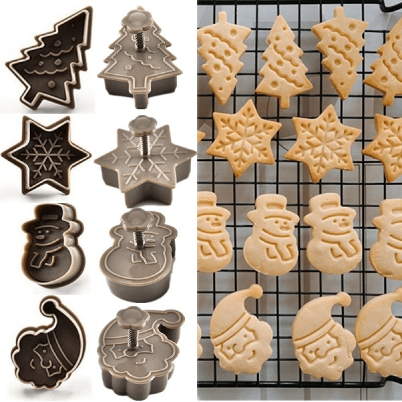 

4-piece Plastic Holiday Biscuit Stamp Set – 3d Christmas Tree, Snowman, Snowflake, Santa Hat Press Molds For Festive Baking