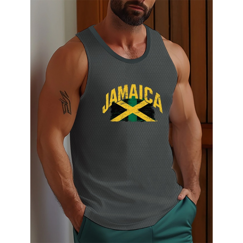 

Jamaica In Bold Letters With National Flag Print, Men's Breathable Tank Tops, Casual And Comfy Vests For Summer, Men's Cool Sleeveless Tops, Clothing For Gym Training Workout