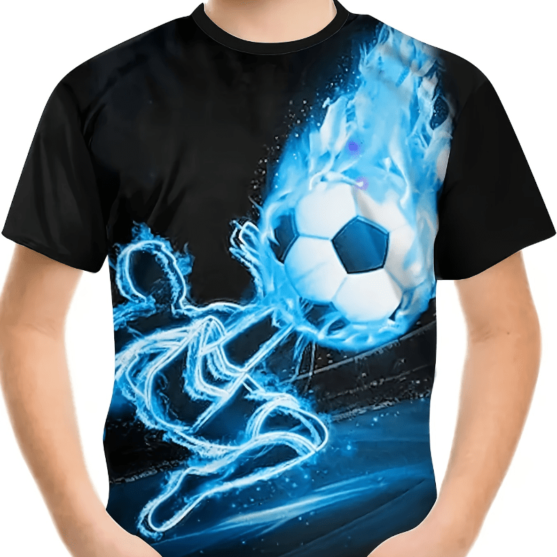 

T-shirt polyvalent à imprimé football cool pour garçons, haut décontracté et confortable à manches courtes pour un usage quotidien.