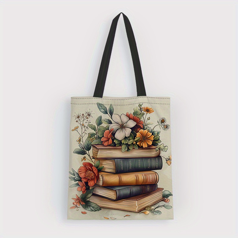 

1pc Floral Books Pattern Polyester Tote Bag - Sturdy Reusable Grocery Bag With Crossbody Strap, Lightweight Multipurpose Shoulder Bag, Perfect Gift For Book Lovers & Teachers