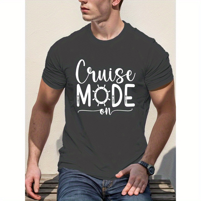 

Cruise Mode On Print Men's Summer Short Sleeve Crew Neck T-shirt, Breathable Polyester Fabric Tees, Casual Comfortable Lightweight Top For Daily Wear